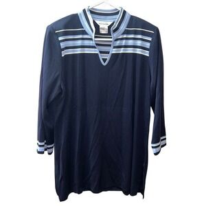 Misook Womens Large Navy Blue Striped Knit Tunic Top Split V-Neck 3/4 Sleeve